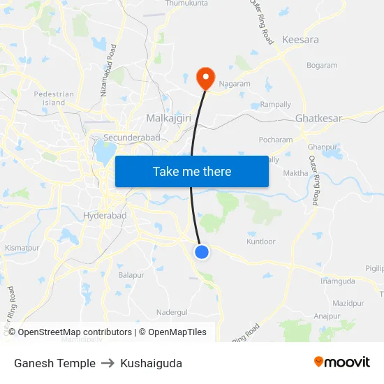 Ganesh Temple to Kushaiguda map