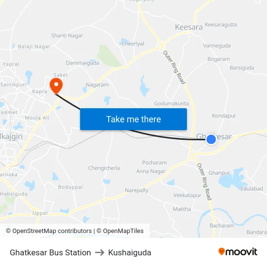 Ghatkesar Bus Station to Kushaiguda map