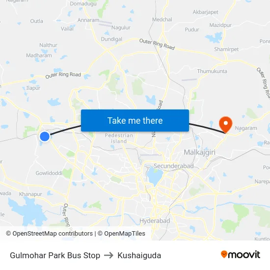 Gulmohar Park Bus Stop to Kushaiguda map