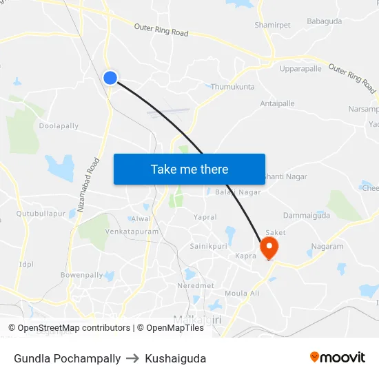 Gundla Pochampally to Kushaiguda map