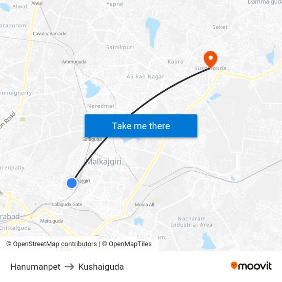 Hanumanpet to Kushaiguda map