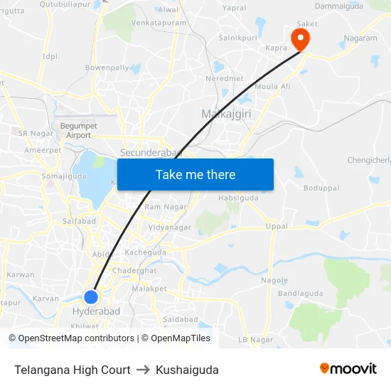 Telangana High Court to Kushaiguda map