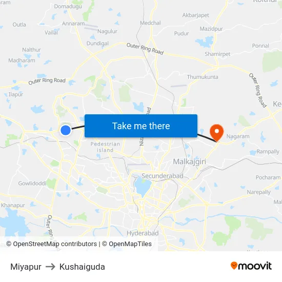 Miyapur to Kushaiguda map