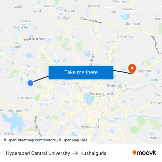 Hyderabad Central University to Kushaiguda map