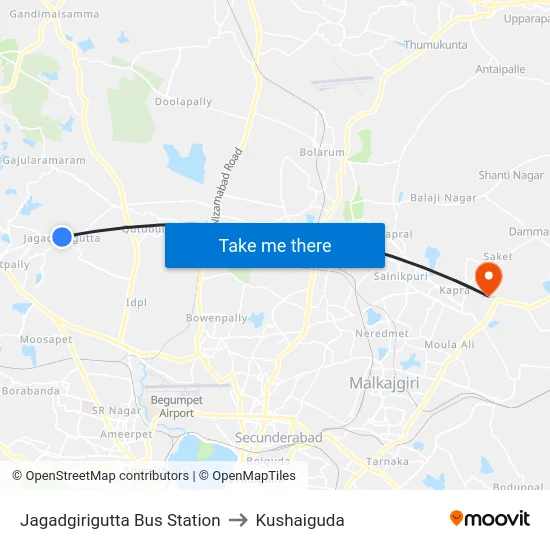 Jagadgirigutta Bus Station to Kushaiguda map
