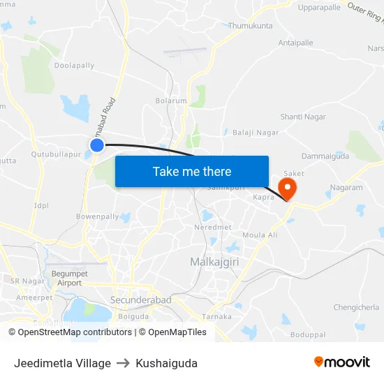 Jeedimetla Village to Kushaiguda map