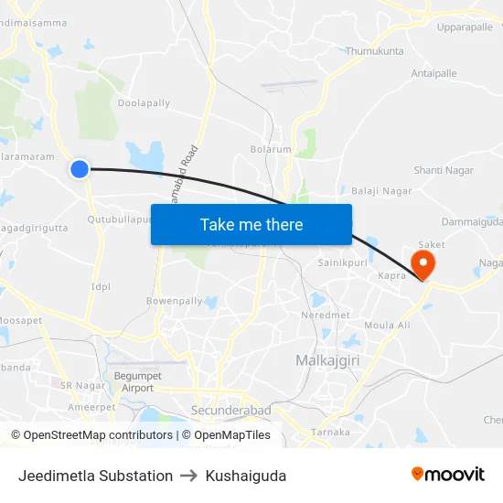Jeedimetla Substation to Kushaiguda map