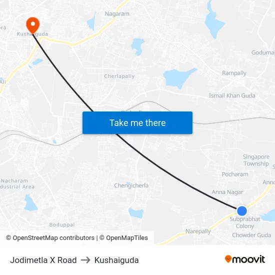 Jodimetla X Road to Kushaiguda map