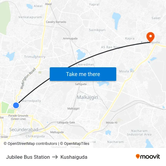 Jubilee Bus Station to Kushaiguda map