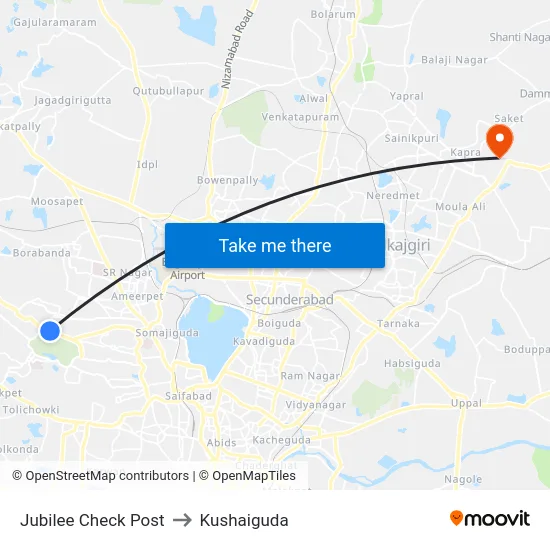 Jubilee Check Post to Kushaiguda map