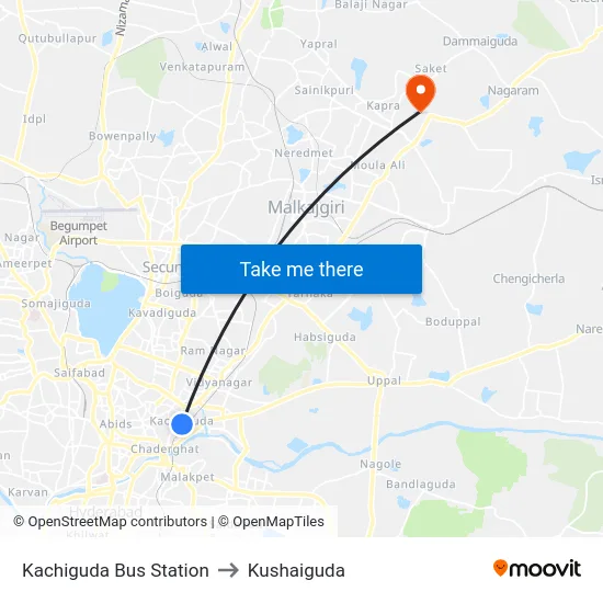 Kachiguda Bus Station to Kushaiguda map