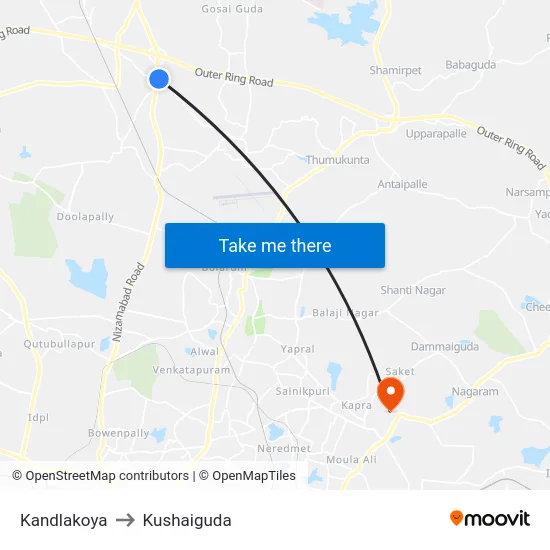 Kandlakoya to Kushaiguda map