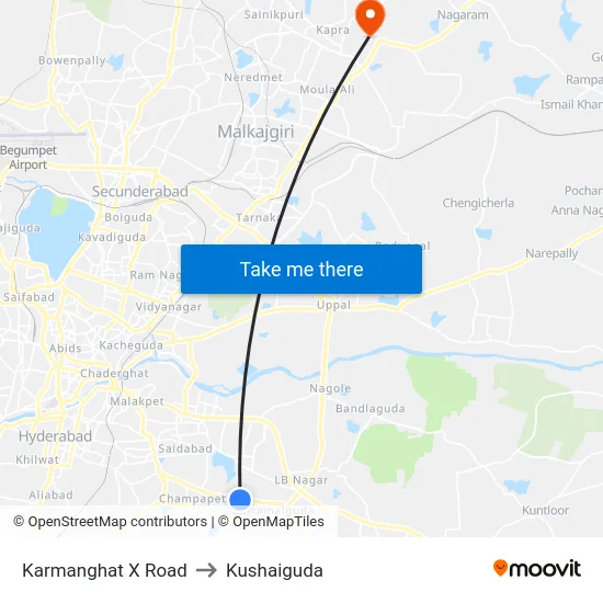 Karmanghat X Road to Kushaiguda map