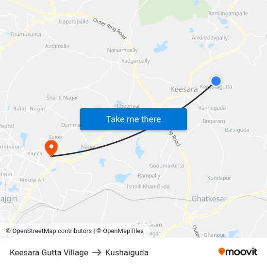 Keesara Gutta Village to Kushaiguda map