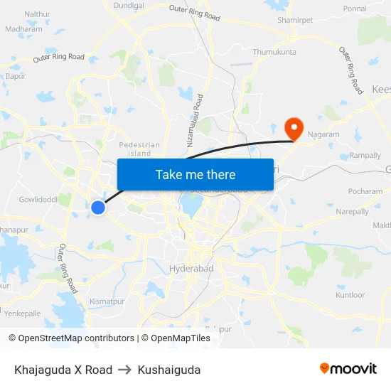 Khajaguda X Road to Kushaiguda map