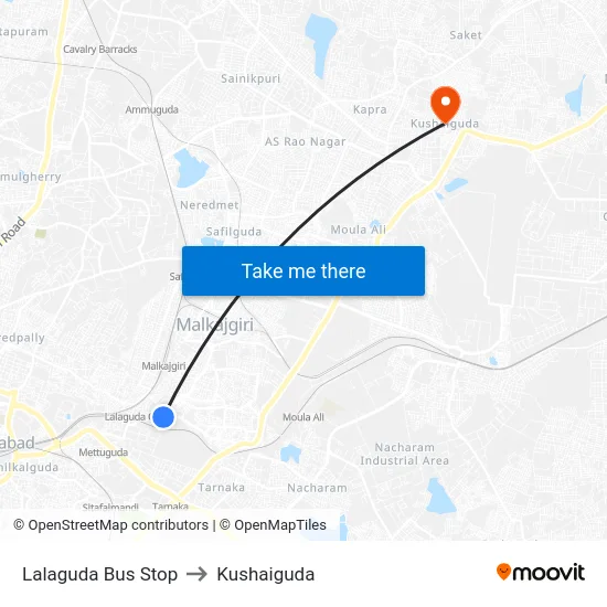 Lalaguda Bus Stop to Kushaiguda map