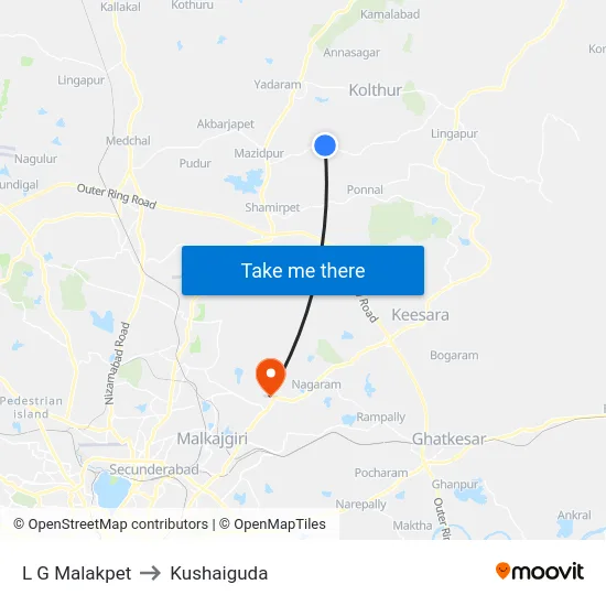 L G Malakpet to Kushaiguda map