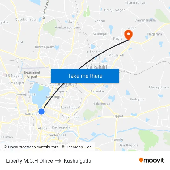 Liberty M.C.H Office to Kushaiguda map