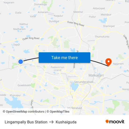 Lingampally Bus Station to Kushaiguda map