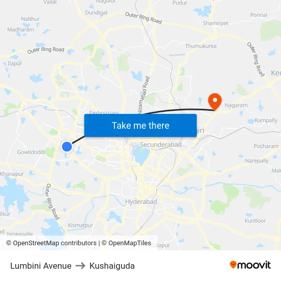 Lumbini Avenue to Kushaiguda map