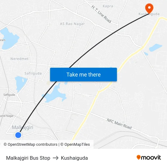 Malkajgiri Bus Stop to Kushaiguda map