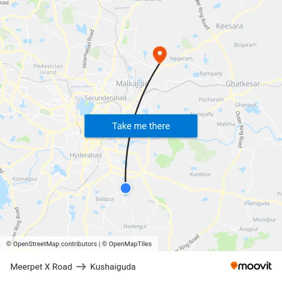 Meerpet X Road to Kushaiguda map