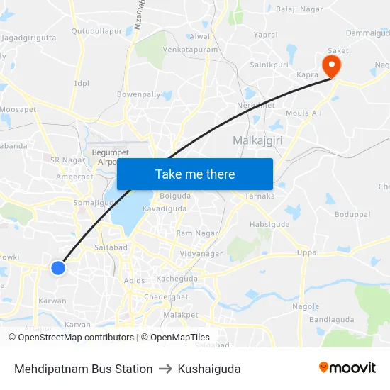 Mehdipatnam Bus Station to Kushaiguda map