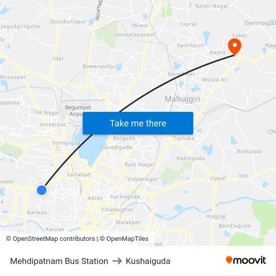 Mehdipatnam Bus Station to Kushaiguda map