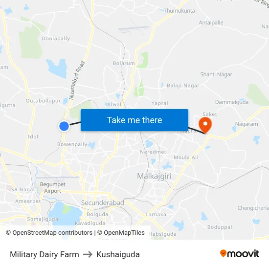 Military Dairy Farm to Kushaiguda map