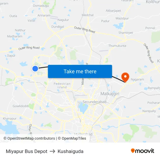 Miyapur Bus Depot to Kushaiguda map
