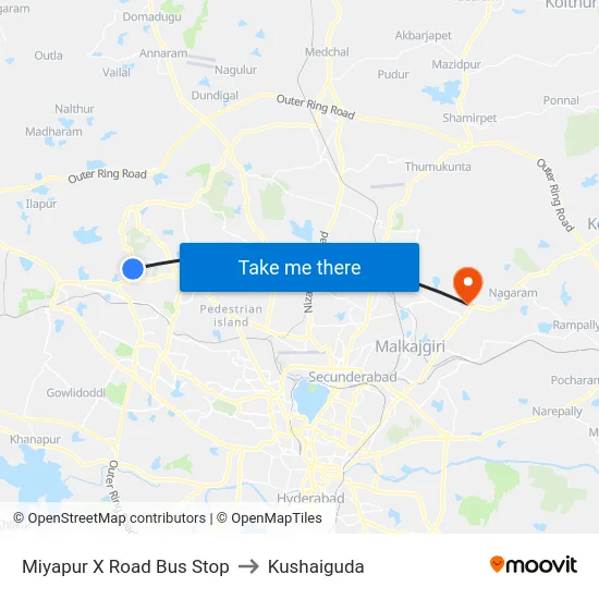 Miyapur X Road Bus Stop to Kushaiguda map