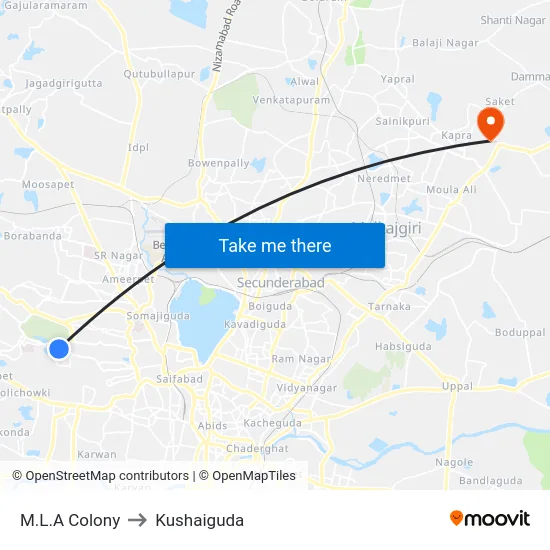 M.L.A Colony to Kushaiguda map