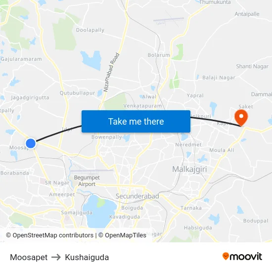 Moosapet to Kushaiguda map