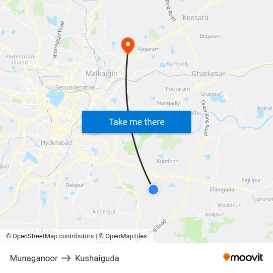 Munaganoor to Kushaiguda map