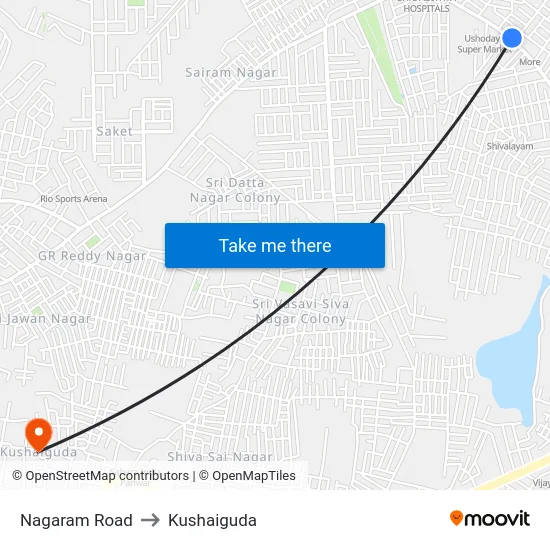 Nagaram Road to Kushaiguda map