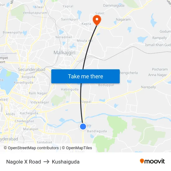 Nagole X Road to Kushaiguda map