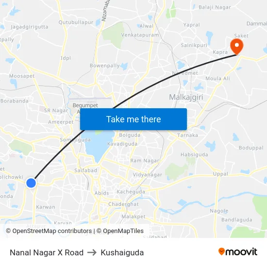 Nanal Nagar X Road to Kushaiguda map