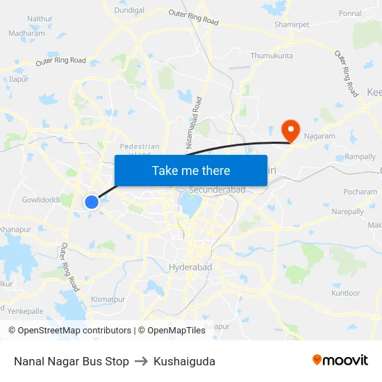 Nanal Nagar Bus Stop to Kushaiguda map