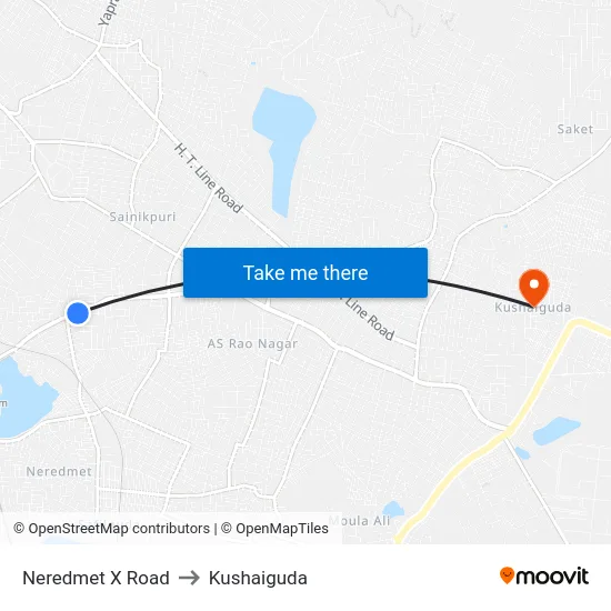 Neredmet X Road to Kushaiguda map