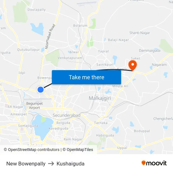 New Bowenpally to Kushaiguda map