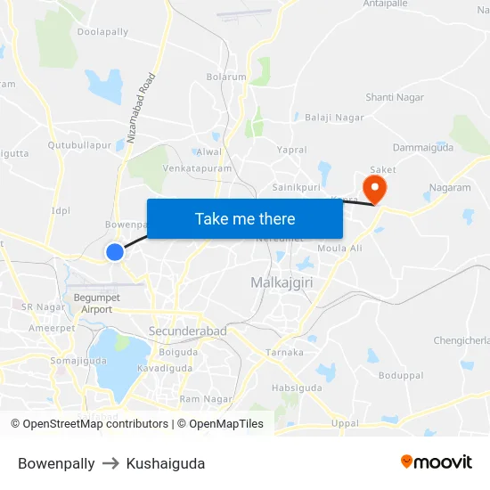 Bowenpally to Kushaiguda map