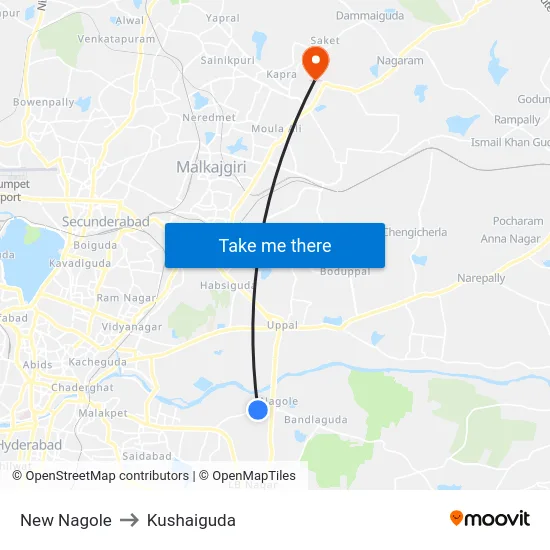New Nagole to Kushaiguda map