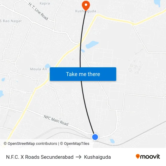 N.F.C. X Roads Secunderabad to Kushaiguda map