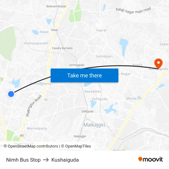 Nimh Bus Stop to Kushaiguda map