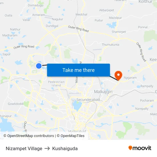 Nizampet Village to Kushaiguda map