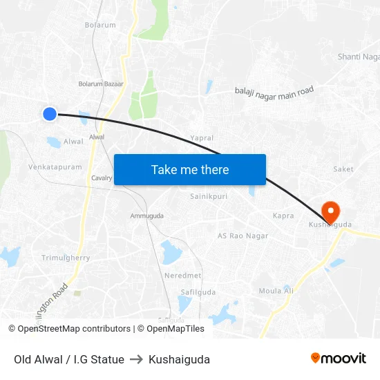 Old Alwal / I.G Statue to Kushaiguda map