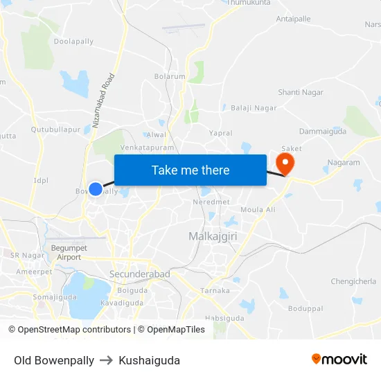 Old Bowenpally to Kushaiguda map
