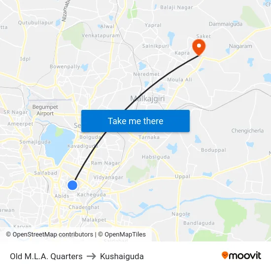 Old M.L.A. Quarters to Kushaiguda map