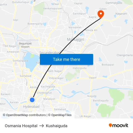 Osmania Hospital to Kushaiguda map