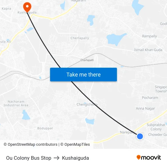 Ou Colony Bus Stop to Kushaiguda map